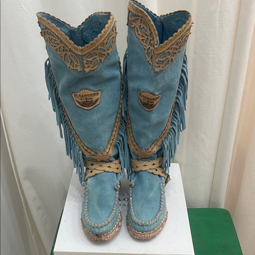 Blue and Tan Fringe Knee Boots - Picture 3 of 10